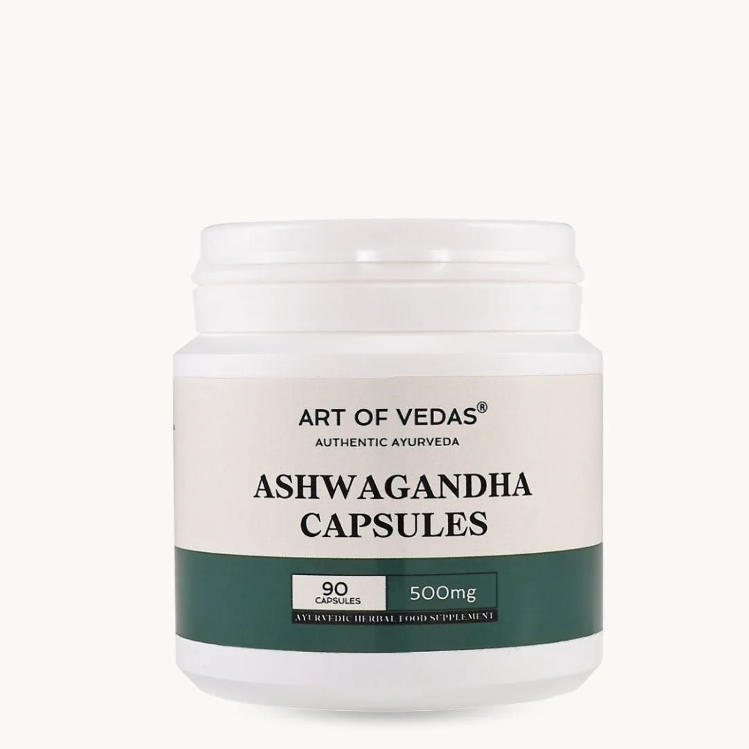 Art of Vedas Ashwagandha Capsules, classical Ayurvedic Rasayana food supplement, traditionally used in Ayurveda for daily wellbeing