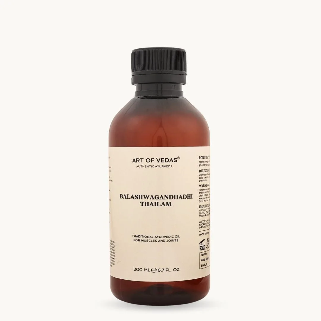 Balashwagandhadhi Thailam Art of Vedas 200ml, huile ayurvédique pour les muscles et les articulations