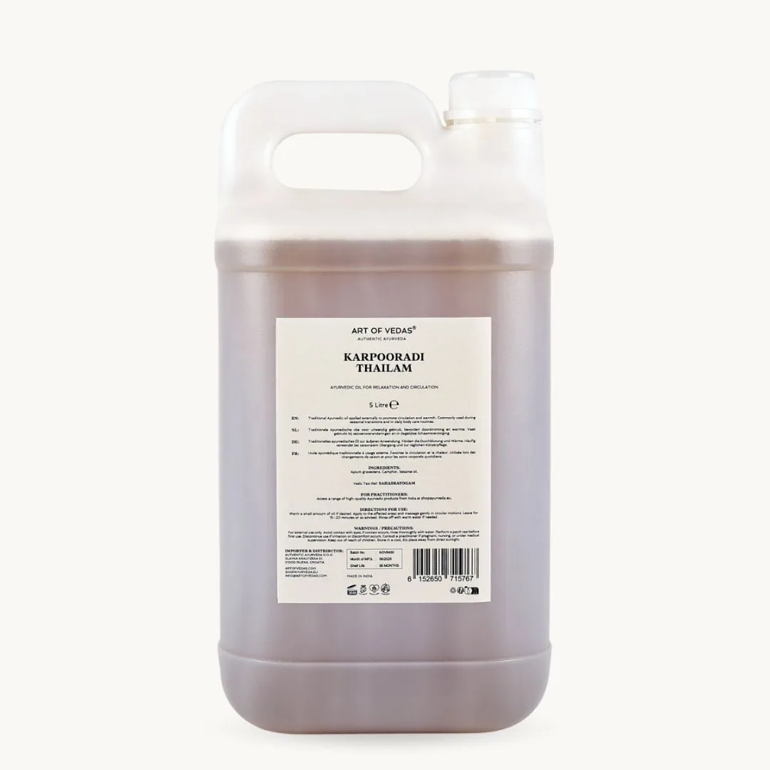Art of Vedas Karpooradi Thailam 5 Liter, ayurvedisches Öl im Großgebinde für Entspannung und Durchblutung