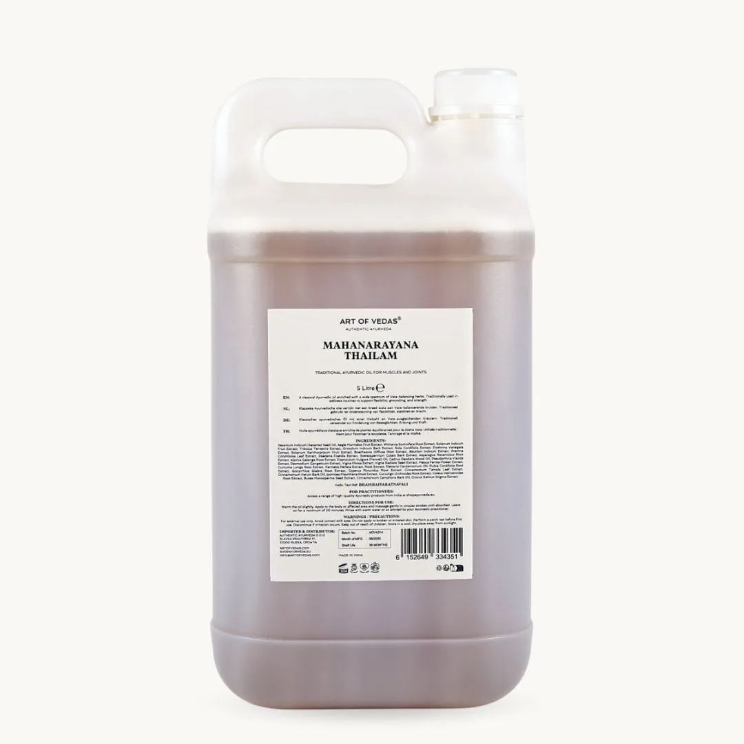 Art of Vedas Mahanarayana Thailam 5 Litre, bulk classical Ayurvedic oil, traditionally used for Abhyanga of muscles and joints