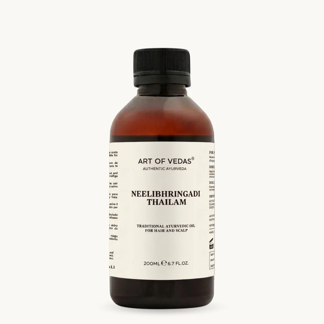 Art of Vedas Neelibhringadi Thailam, an Ayurvedic hair oil traditionally for nourished scalp and strong, healthy hair
