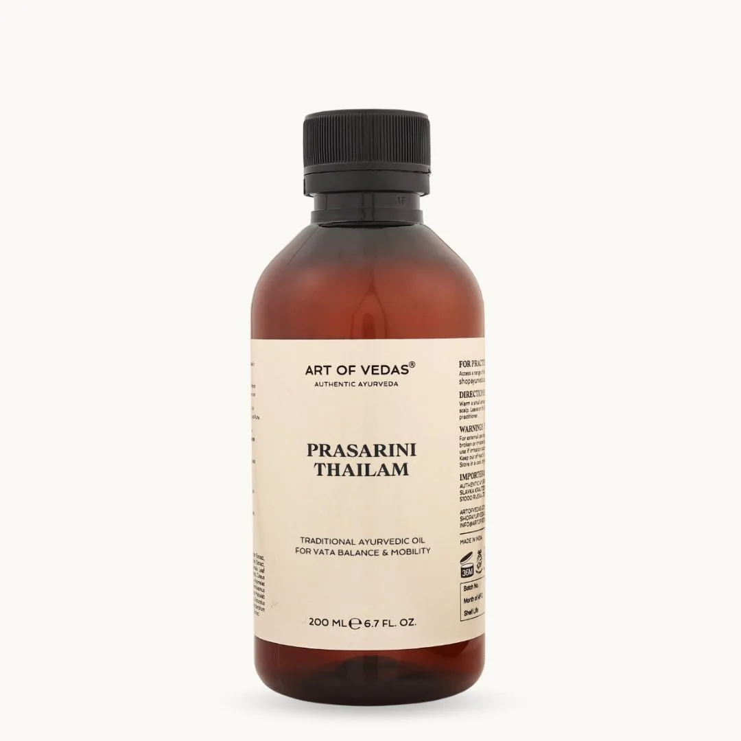 Art of Vedas Prasarini Thailam, classical Ayurvedic oil traditionally for joints, mobility and stiff muscles, ideal for Abhyanga massage
