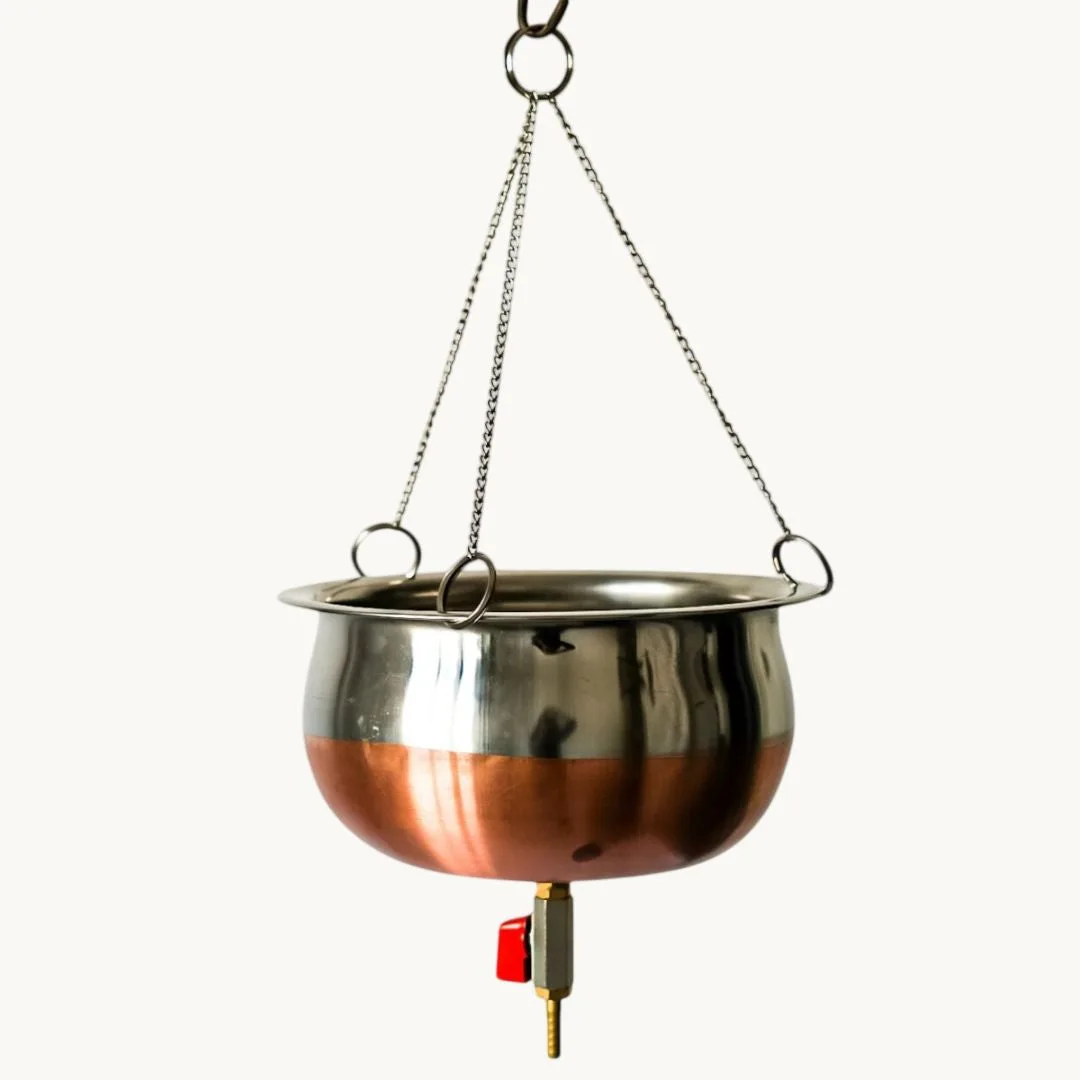 Art of Vedas Shirodhara Pot in stainless steel, a Panchakarma tool for steady oil pouring over the forehead, traditionally for deep calm